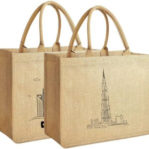 Pack of 2 Jute Tote Bag for Men and Women Eco-Friendly Reusable Tote Bag with Dubai Design - Perfect for Shopping, Groceries, and Everyday Use Double-Sided Printed Canvas Tote Bag